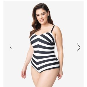 Black and white striped Barbie X Unique Vintage swimsuit